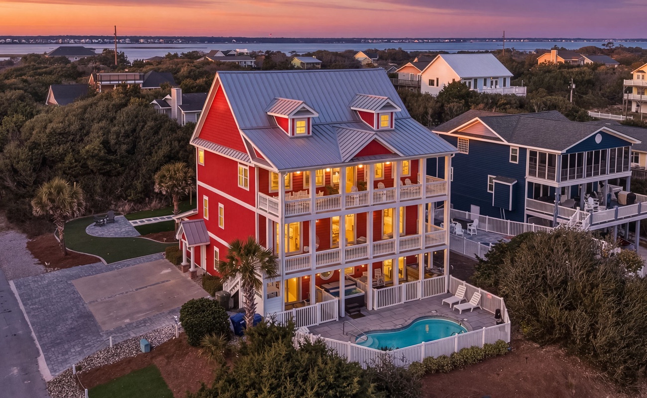 Red Barn Resort exterior at sunset
